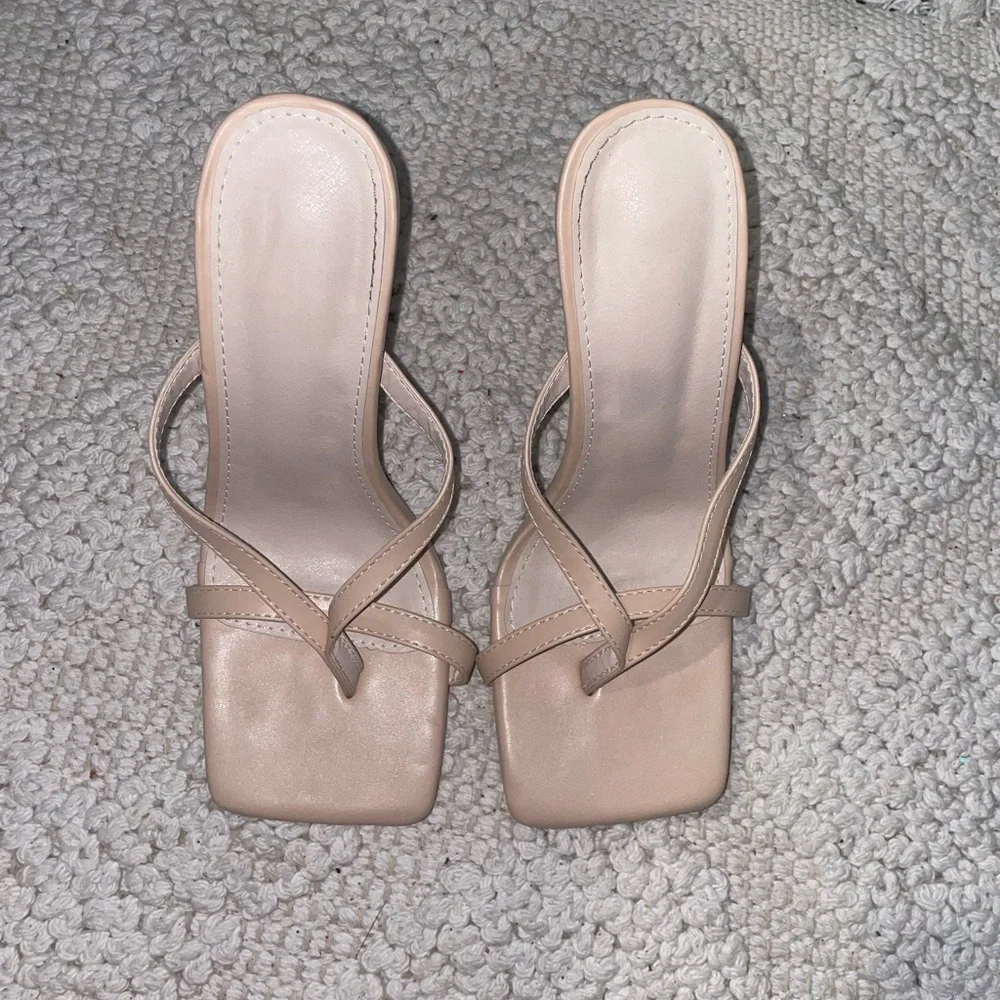 Cream‎ Square Toe Strappy Heeled Mules